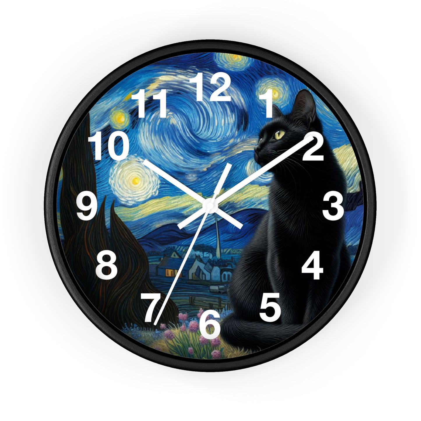 Mystical Black Cat Under Starry Night Wall Clock | Battery Operated | Enchanting Night Sky Art Perfect Gift Cat Lovers Witchcraft Wall Decor