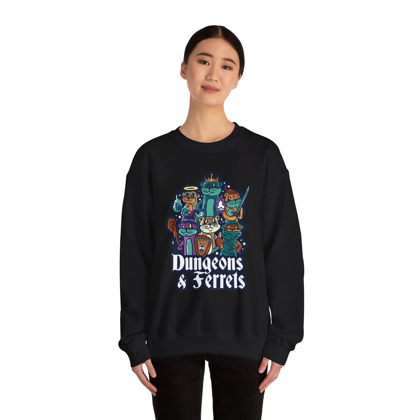 Dungeons and Ferrets Funny D&D Parody Sweatshirt | Nerdy Fantasy Game Sweater Ferret Lovers Unique Winter Gift | Cozy Fun Sweatshirt Gamers