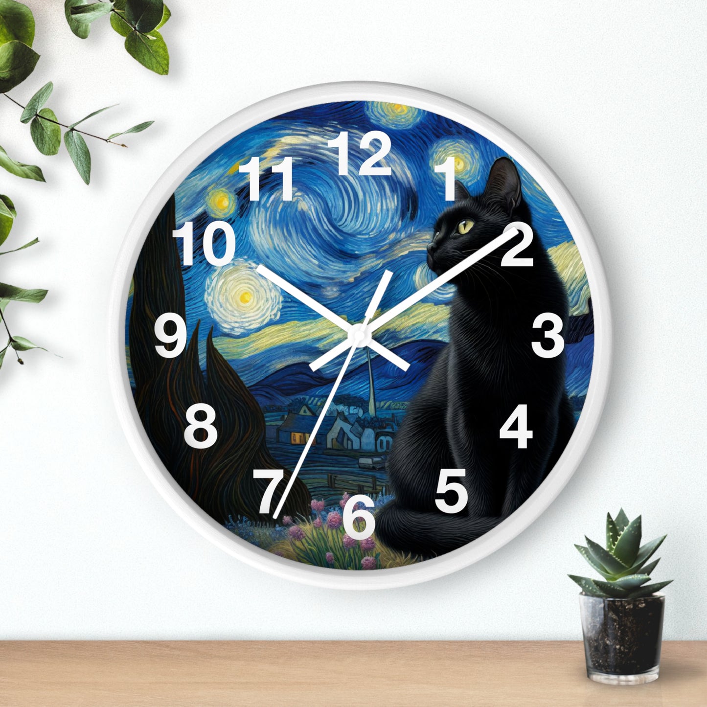 Mystical Black Cat Under Starry Night Wall Clock | Battery Operated | Enchanting Night Sky Art Perfect Gift Cat Lovers Witchcraft Wall Decor