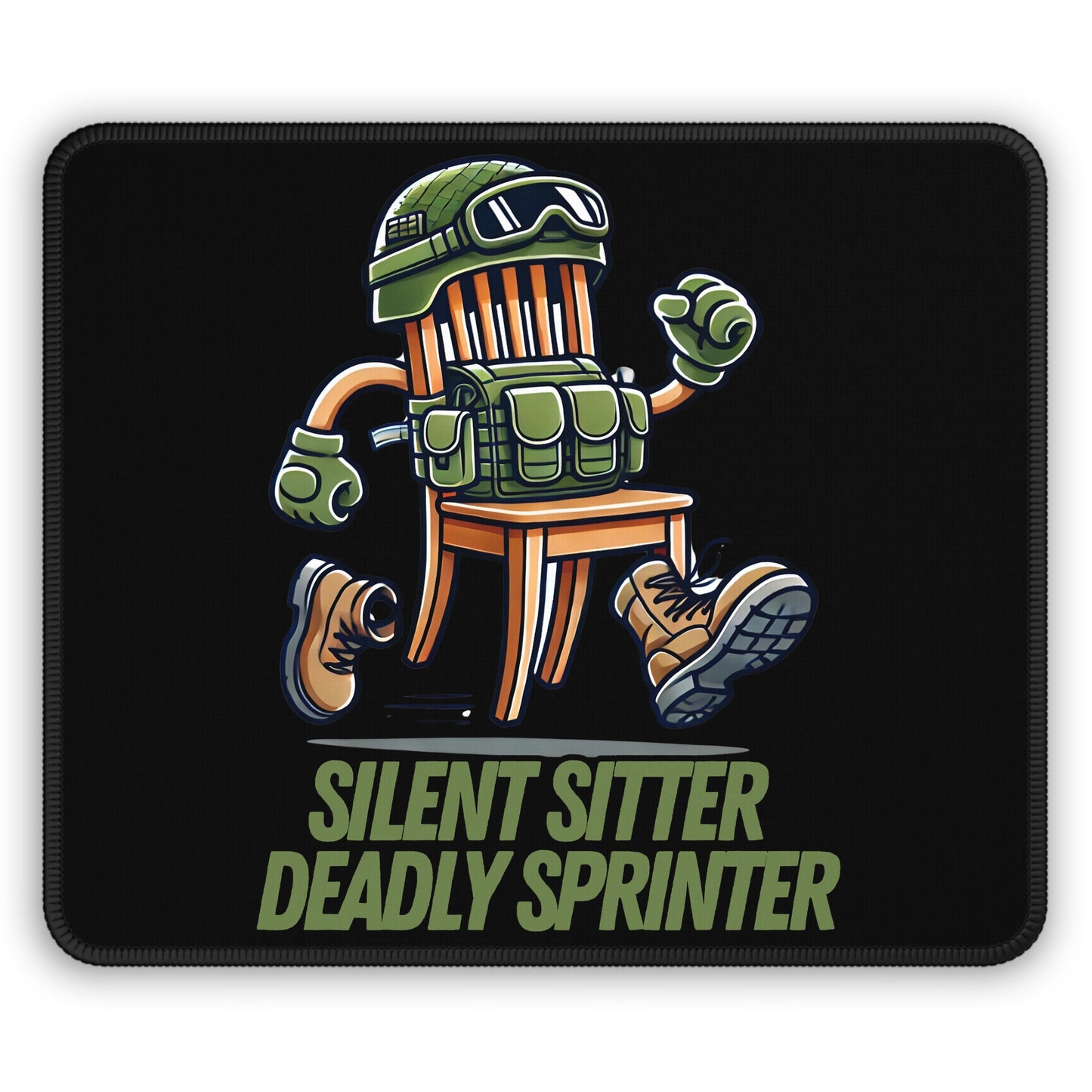 Silent Sitter Deadly Sprinter Non Slip Mouse Pad | Tactical Chair Cartoon Art | Funny Prop Hunt Design | Bold Military Chair Gamer Gift