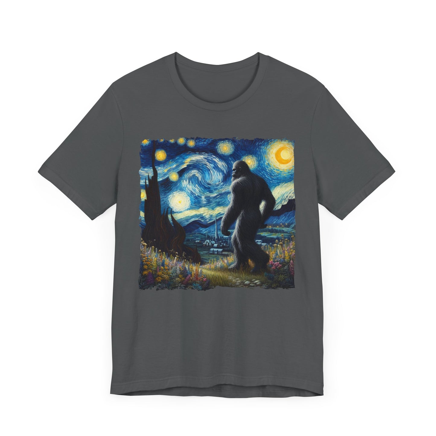 Bigfoot Night Sky Shirt | Starry Night Inspired Art | Humorous Sasquatch Tee | Fun Mythical Animal Gift | Quirky Bigfoot Lover Shirt