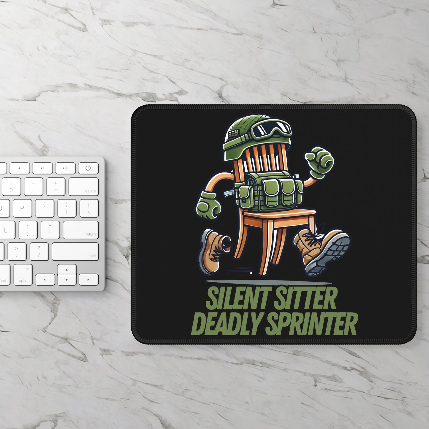 Silent Sitter Deadly Sprinter Non Slip Mouse Pad | Tactical Chair Cartoon Art | Funny Prop Hunt Design | Bold Military Chair Gamer Gift