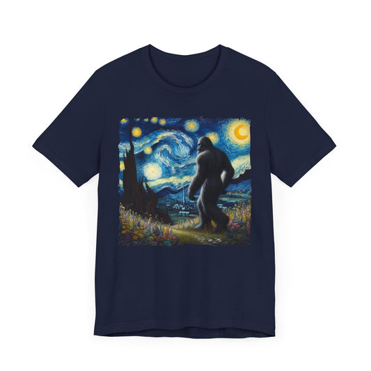 Bigfoot Night Sky Shirt | Starry Night Inspired Art | Humorous Sasquatch Tee | Fun Mythical Animal Gift | Quirky Bigfoot Lover Shirt