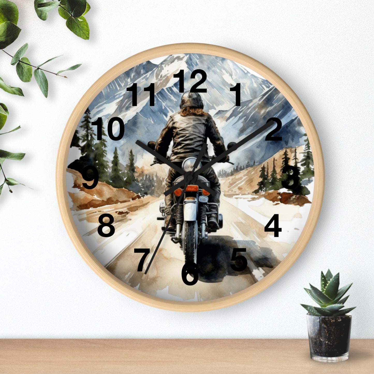 Biker Riding Open Road Wall Clock | Mountain Range Scenic View Motorcycle Art Unique Biker Decor Adventure Gift for Bikers Battery Operated