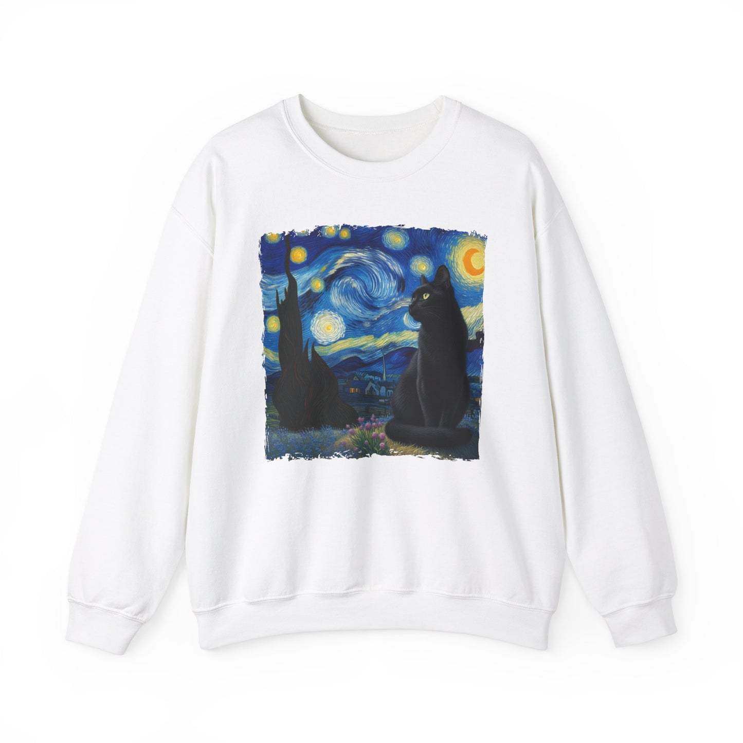 Black Cat Night Sky Crewneck Sweater | Starry Night-Inspired Feline Art | Cat Lovers Sweatshirt | Humorous Cat Parody Apparel Cat Gift