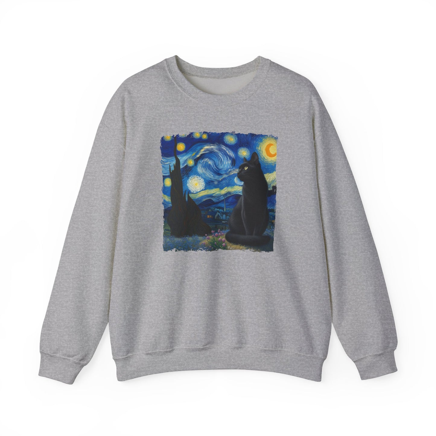 Black Cat Night Sky Crewneck Sweater | Starry Night-Inspired Feline Art | Cat Lovers Sweatshirt | Humorous Cat Parody Apparel Cat Gift