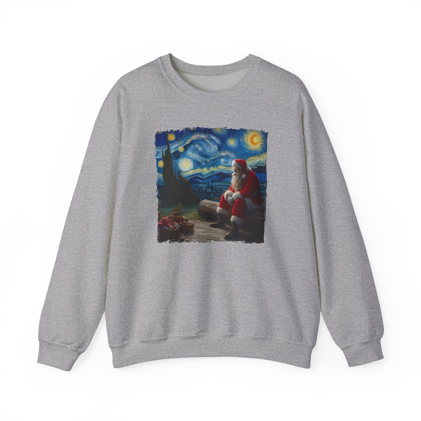 Santa Claus Night Sky Crewneck Sweater | Starry Night-Inspired Holiday Art Pullover Festive Santa Lover Magical Christmas Season Sweatshirt