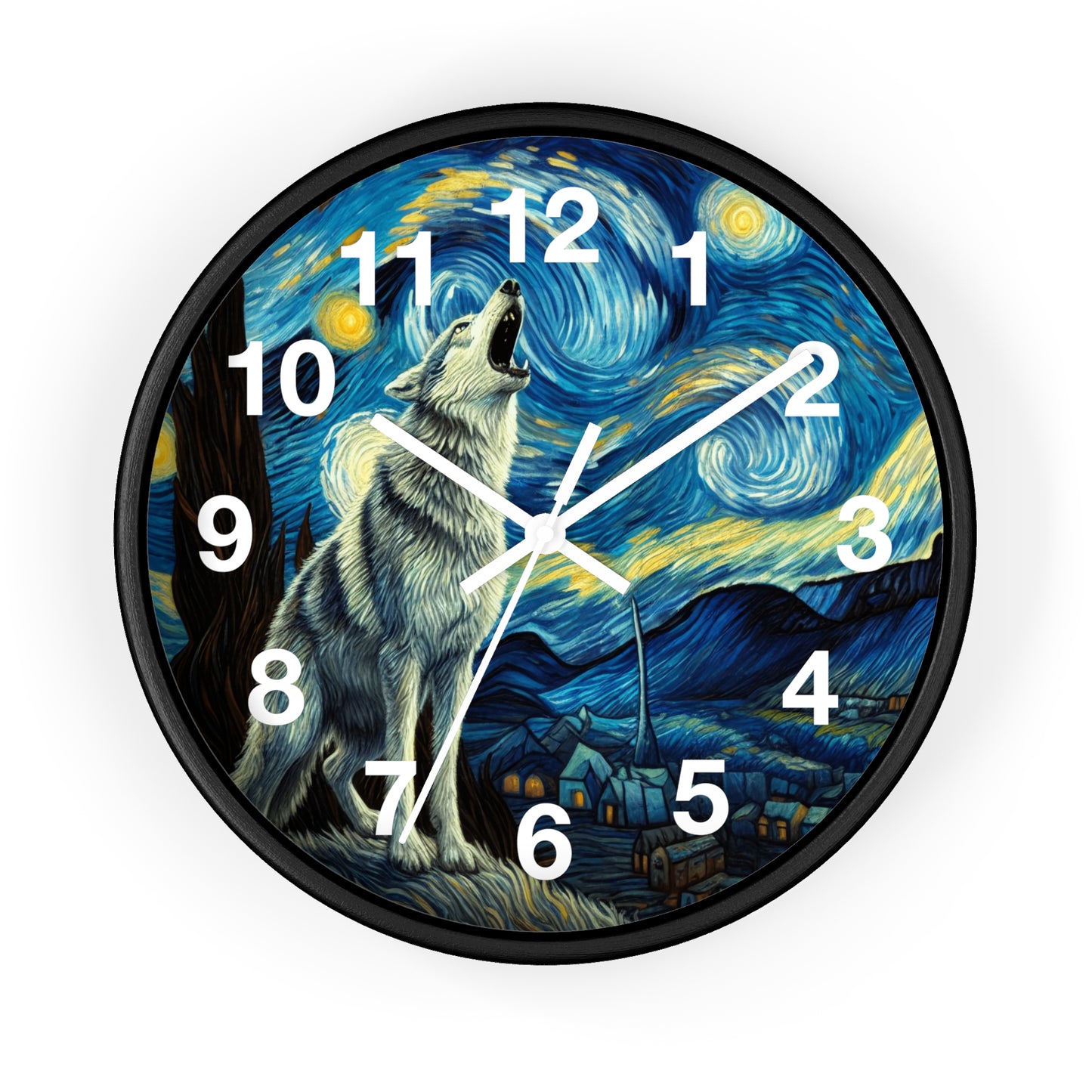 Lone Wolf Night Sky Wall Clock | Battery Operated | Starry Night-Inspired Art | Perfect Gift for Wolf and Nature Lovers Wall Decor Wolf Gift