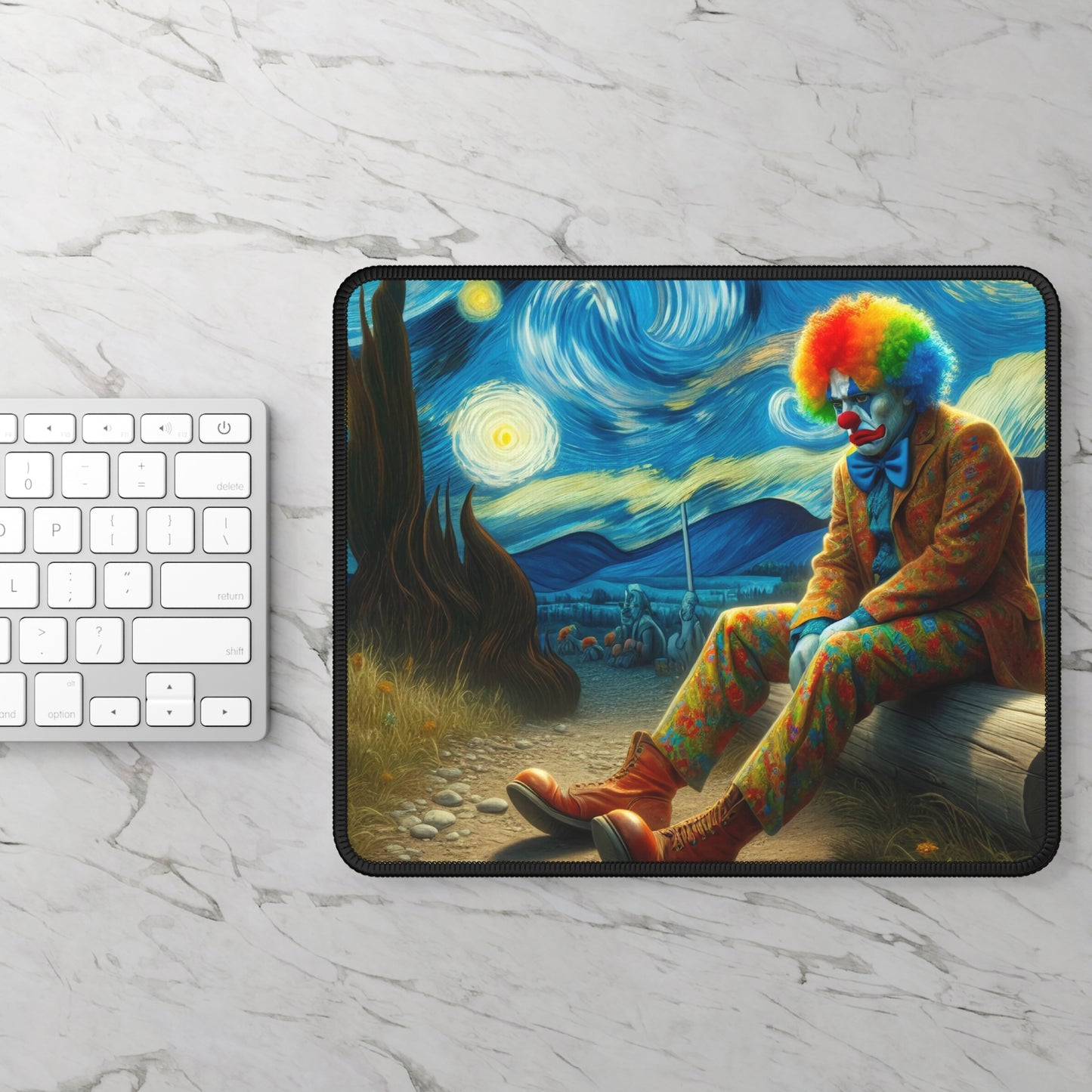 Sad Clown Night Sky Non-Slip Mouse Pad | Melancholic Art Inspired by Starry Night | Unique Clown Gift for Art Lovers Clown Lovers Desk Mat
