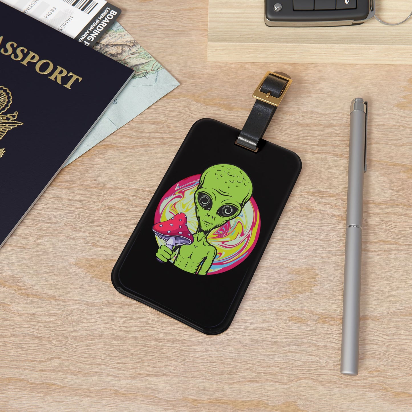 Alien Holding Mushroom Luggage Tag Trippy Psychedelic Baggage ID Rave Festival Travel Accessory Alien Mushroom Lovers Vibrant Festival Gift