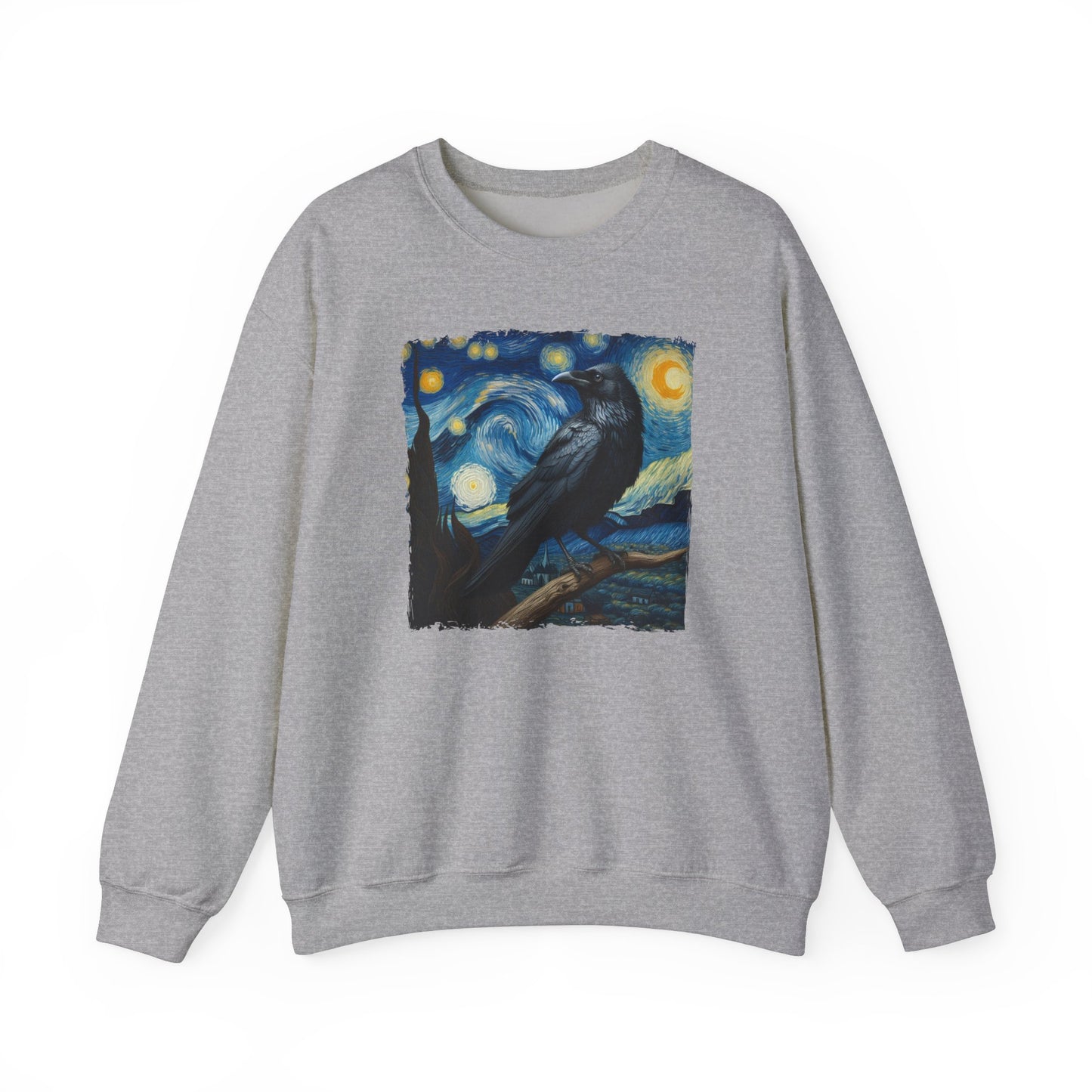 Black Raven Night Sky Crewneck Sweater | Starry Night-Inspired Art Pullover | Mystical Gothic Bird Lover Sweatshirt Witchcraft Enthusiasts