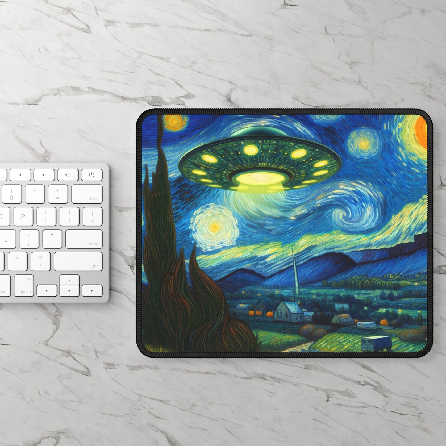 Alien UFO Night Sky Non-Slip Mouse Pad | Starry Night-Inspired Outer Space Art | Cosmic Sci-Fi Gift UFO Believers Alien Spaceship Desk Mat