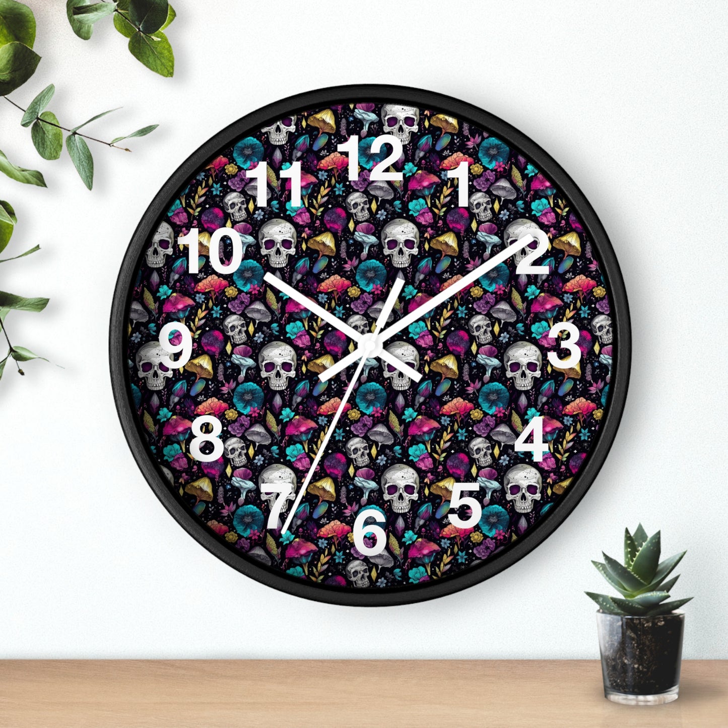 Mushroom Skulls Wall Clock | Cute and Eerie Shroom Decor | Trippy Room Background | Battery Operated | Unique Gift for Gothic Lovers