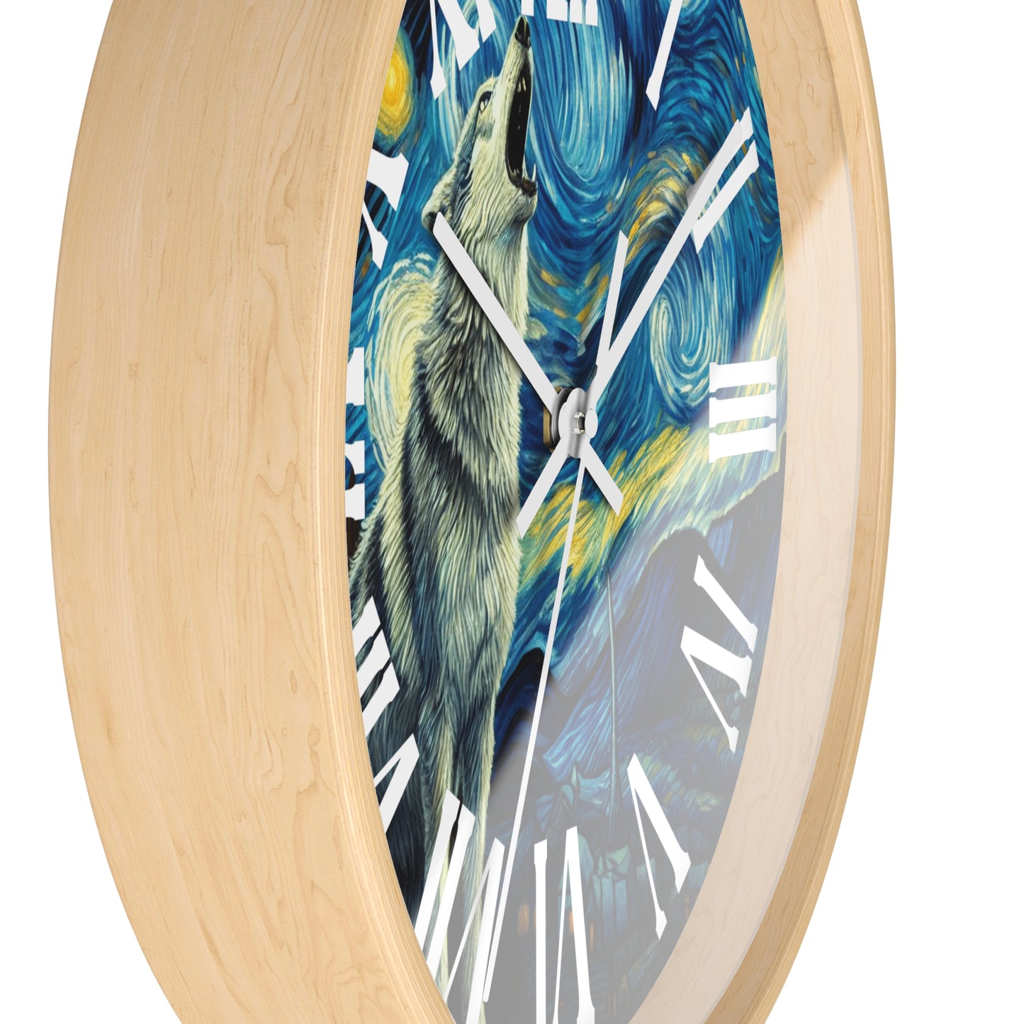 Lone Wolf Night Sky Wall Clock Roman Numeral | Battery Operated | Starry Night-Inspired Art Gift Wolf and Nature Lovers Wall Decor Wolf Gift