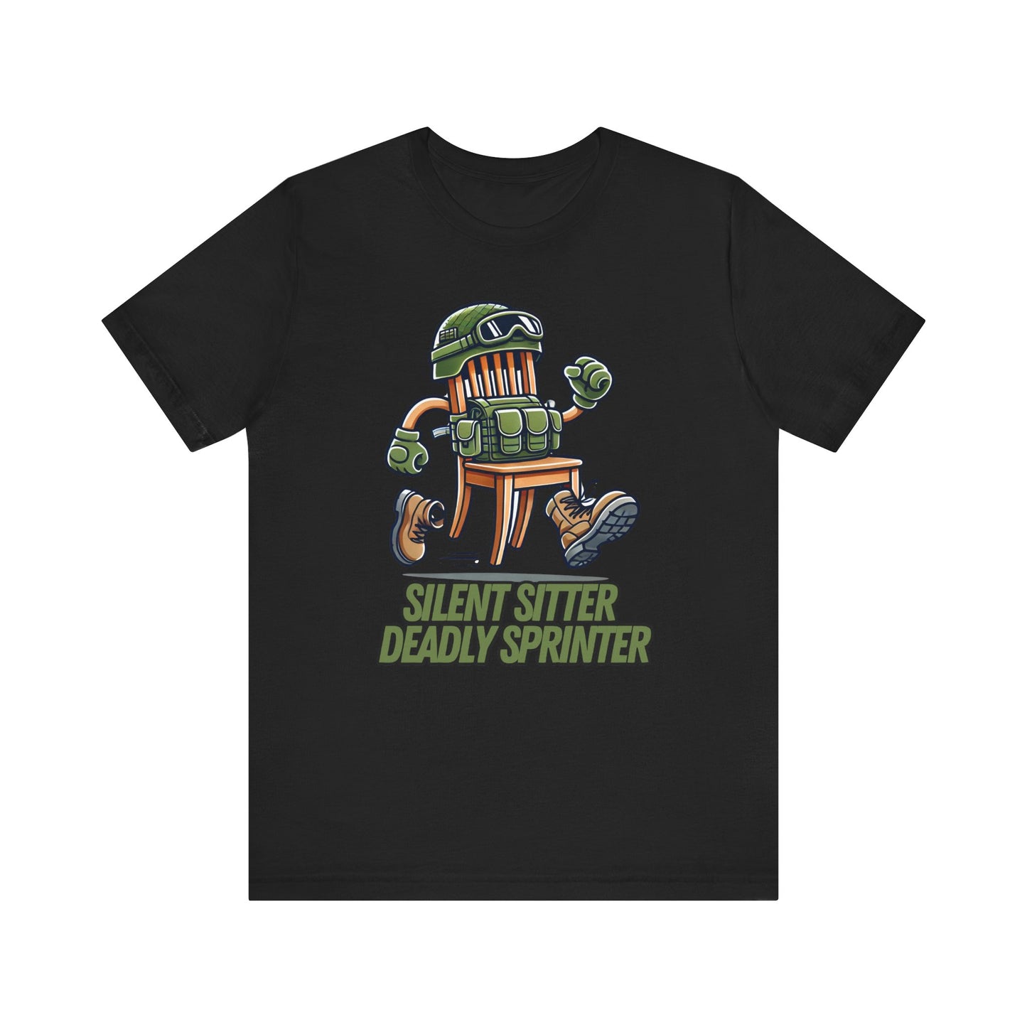 Silent Sitter, Deadly Sprinter | Tactical Chair Cartoon Art | Funny Prop Hunt Design | Unique Gamer Gift | Bold Military Chair Illustration