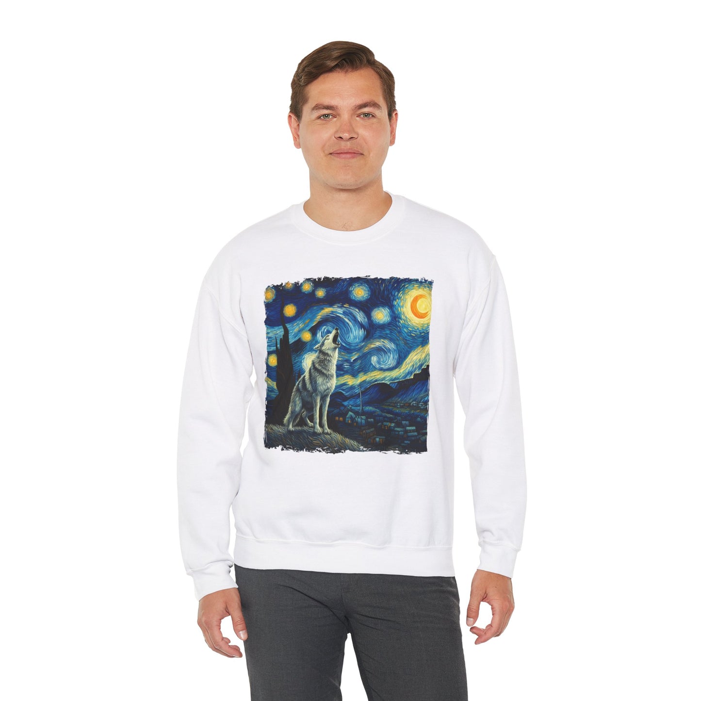 Lone Wolf Night Sky Crewneck Sweater | Mystical Wolf Pullover with Starry Night-Inspired Art Nature Wilderness Lover Gift Cool Wolf Sweater