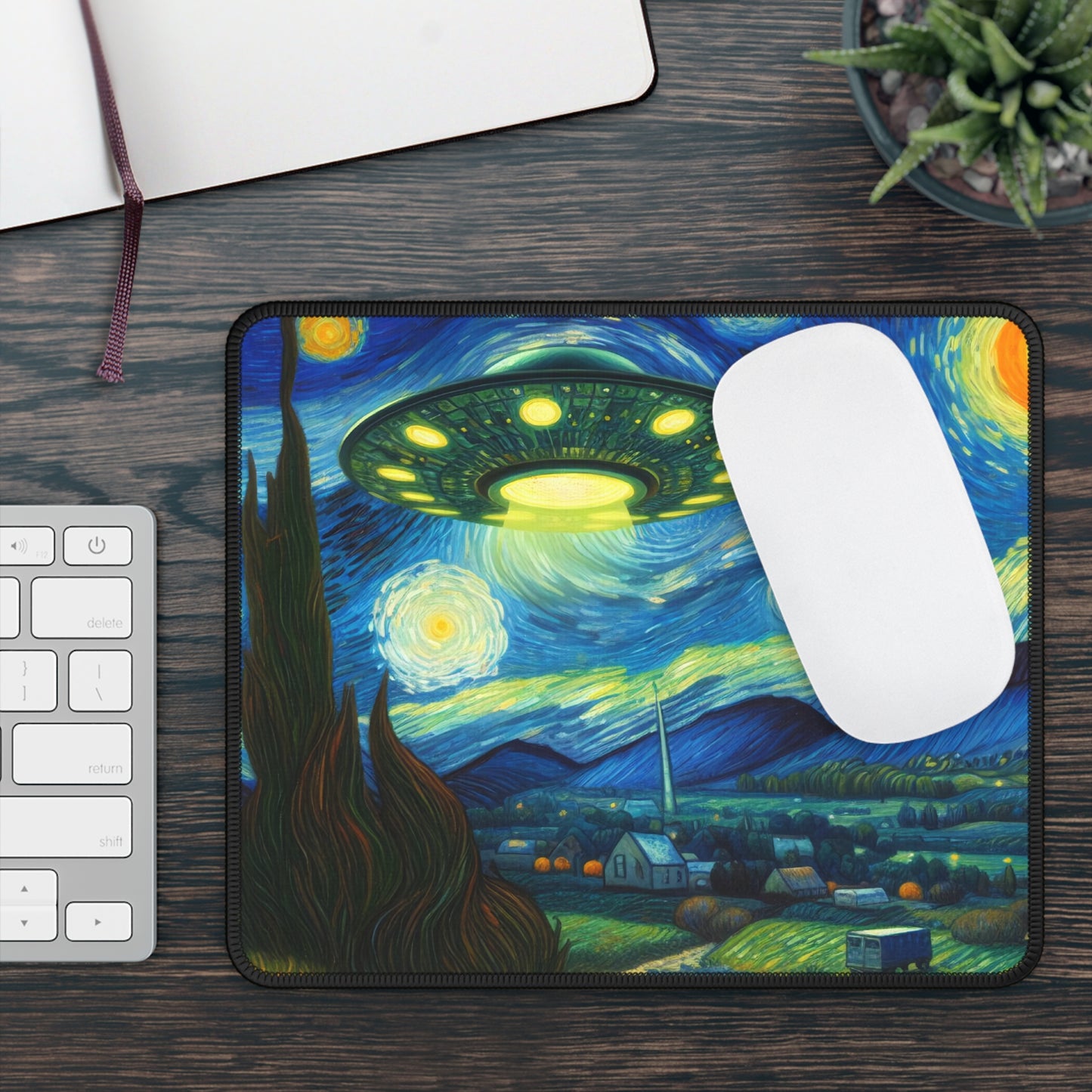 Alien UFO Night Sky Non-Slip Mouse Pad | Starry Night-Inspired Outer Space Art | Cosmic Sci-Fi Gift UFO Believers Alien Spaceship Desk Mat