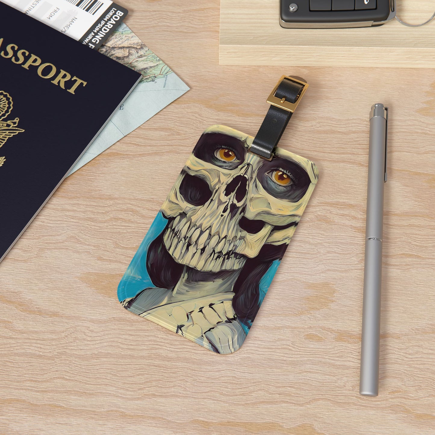 Creepy Skull Art Design Luggage Tag - Goth Style Death-Inspired Skeleton Head - Perfect Accessory for Gothic Aesthetics
