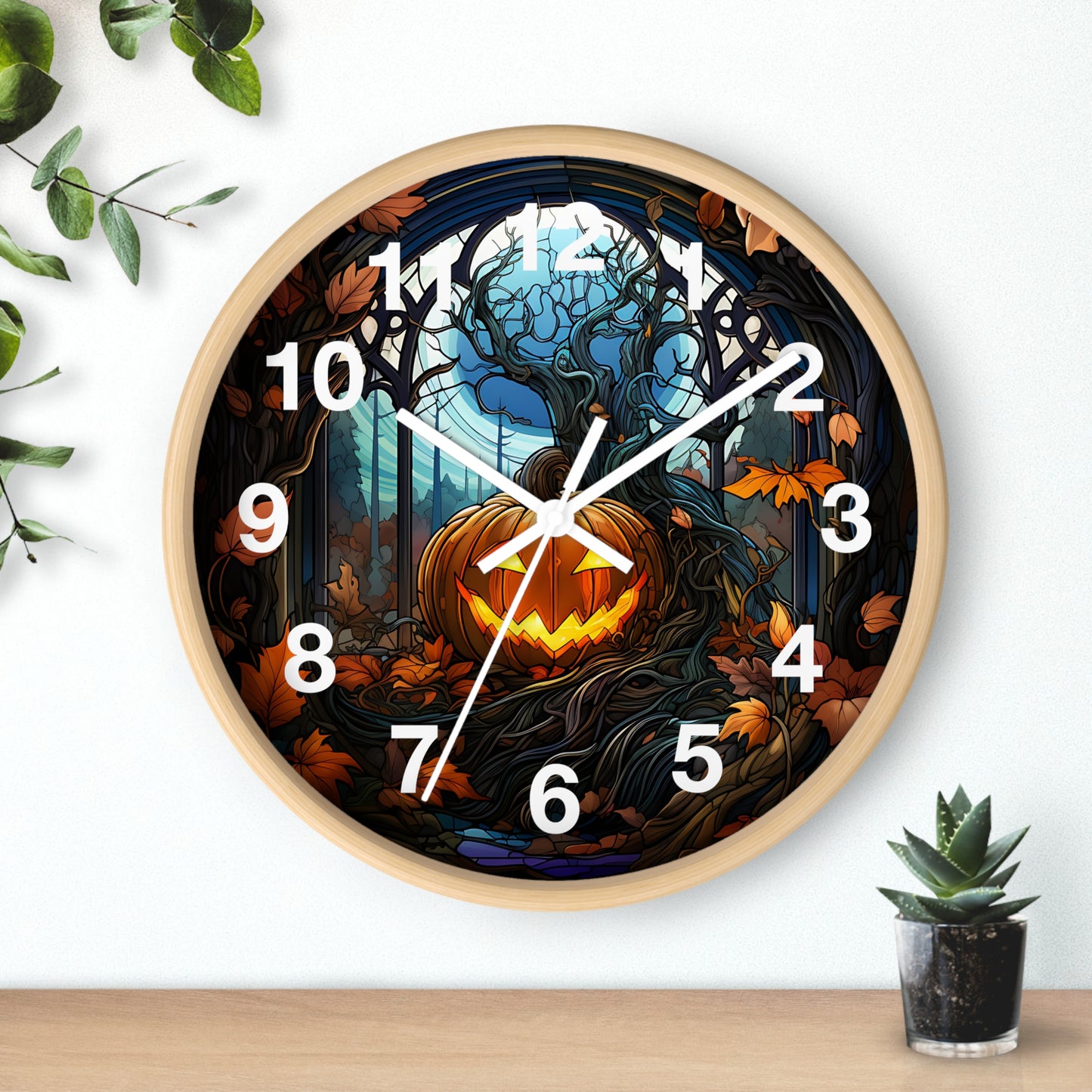 Stained Glass Halloween Pumpkin Wall Clock Battery Operated Festive Fall Decor Perfect Gift Halloween Enthusiasts Colorful Seasonal Accent
