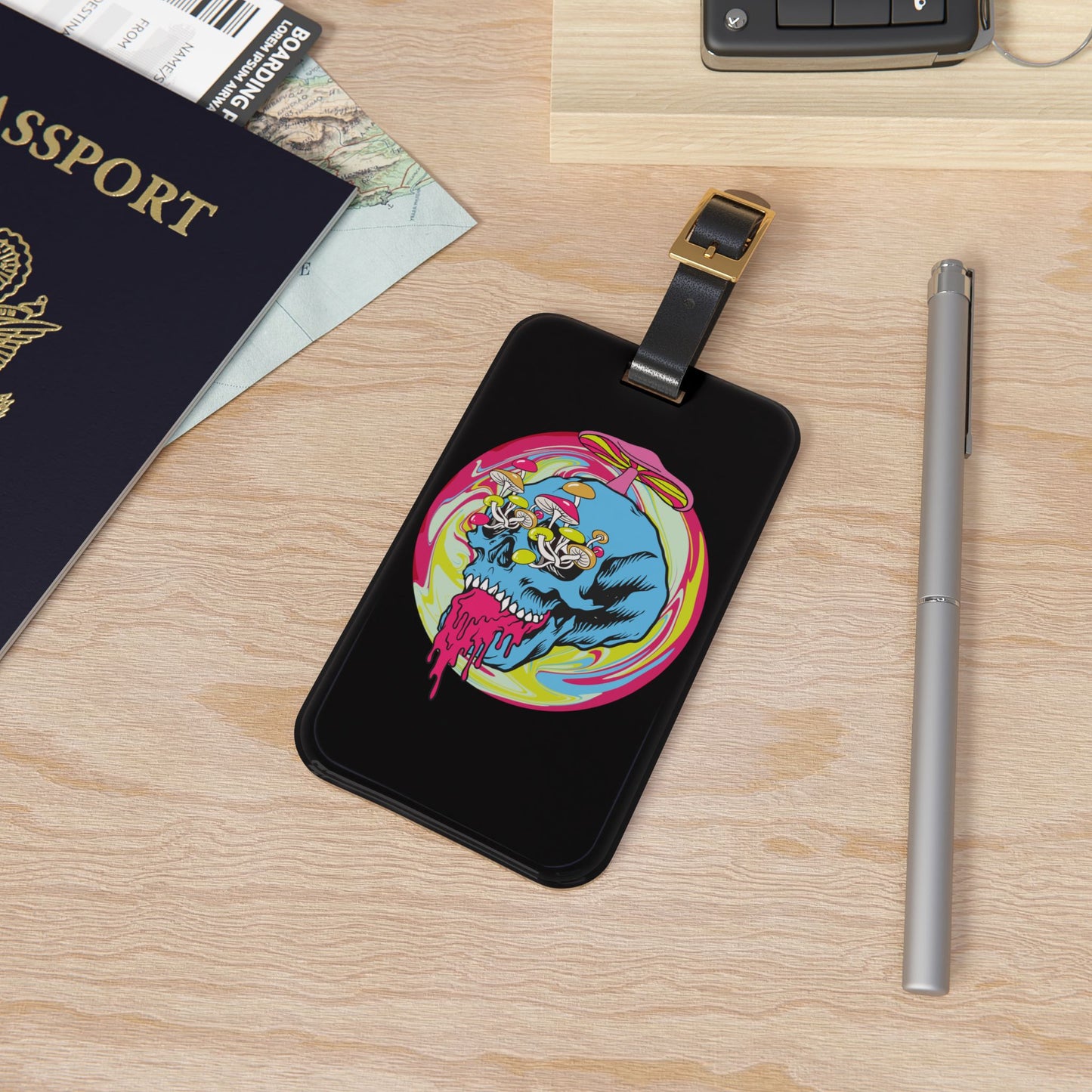 Trippy Skull Mushroom Luggage Tag | Psychedelic Streetwear Baggage ID | Vibrant Shroom Art Travel Accessory Festival Rave Lovers Urban Style