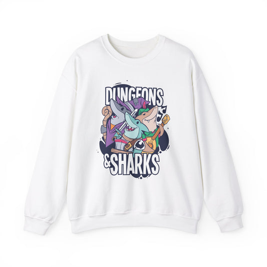 Dungeons and Sharks Funny D&D Parody Sweatshirt | Nerdy Fantasy Game Sweater Shark Lovers | Unique Winter Gift | Cozy Fun Sweatshirt Gamers