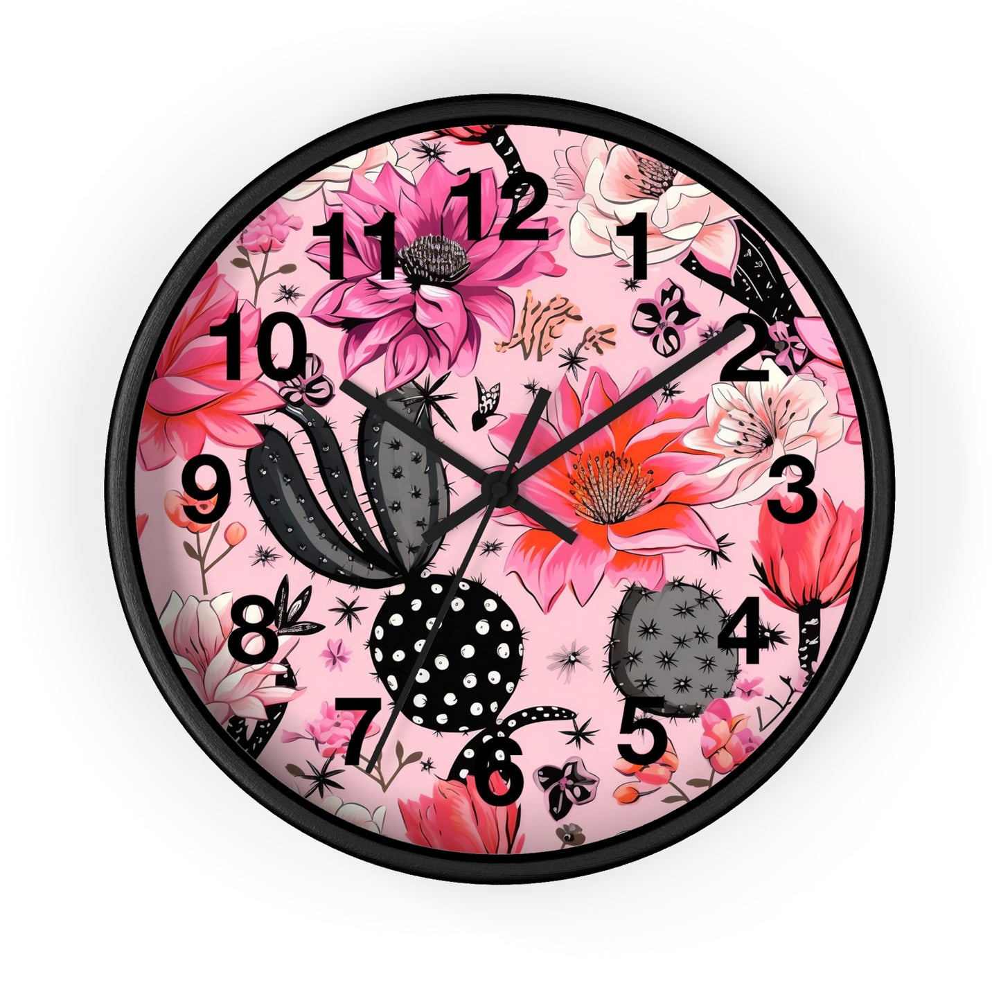 Charming Desert Cactus with Pink Blossoms Wall Clock | Battery Operated | Watercolor Boho Decor Perfect Gift Cactus Lovers Plant Enthusiasts