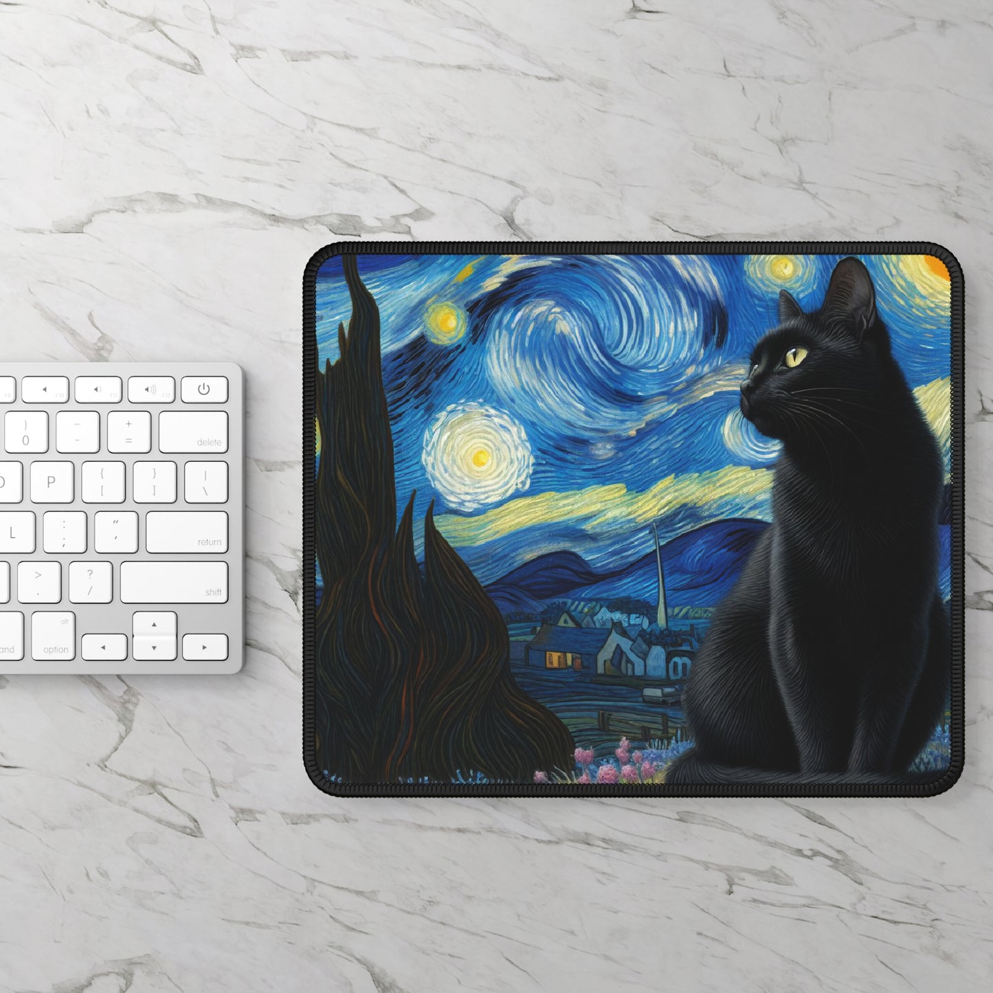 Mystical Black Cat Under Starry Night Non-Slip Mouse Pad | Enchanting Night Sky Art | Perfect Gift Cat Lovers Black Cat Witchcraft Desk Mat