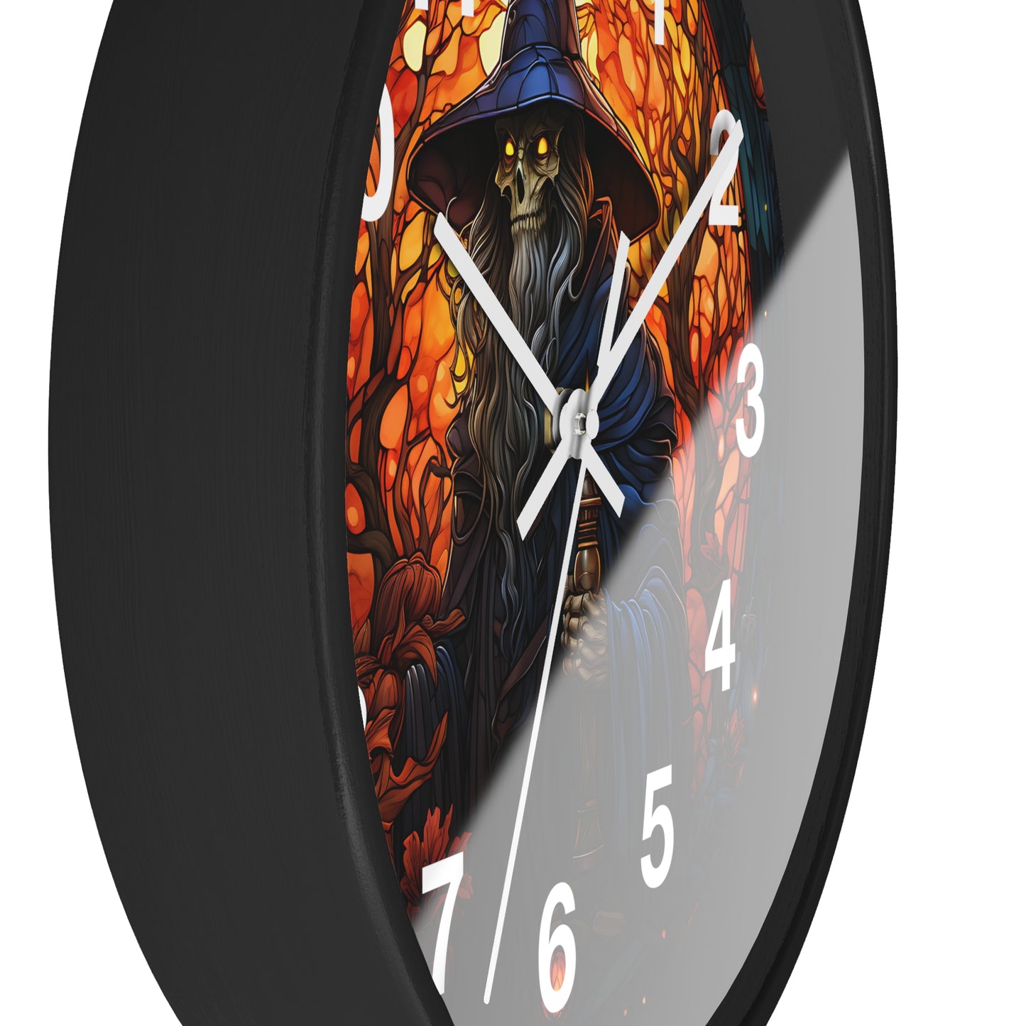 Scary Skeleton Wizard Stained Glass Wall Clock | Halloween Creepy Witch Vibe | Battery Operated | Unique Spooky Decor Halloween Lovers Gift