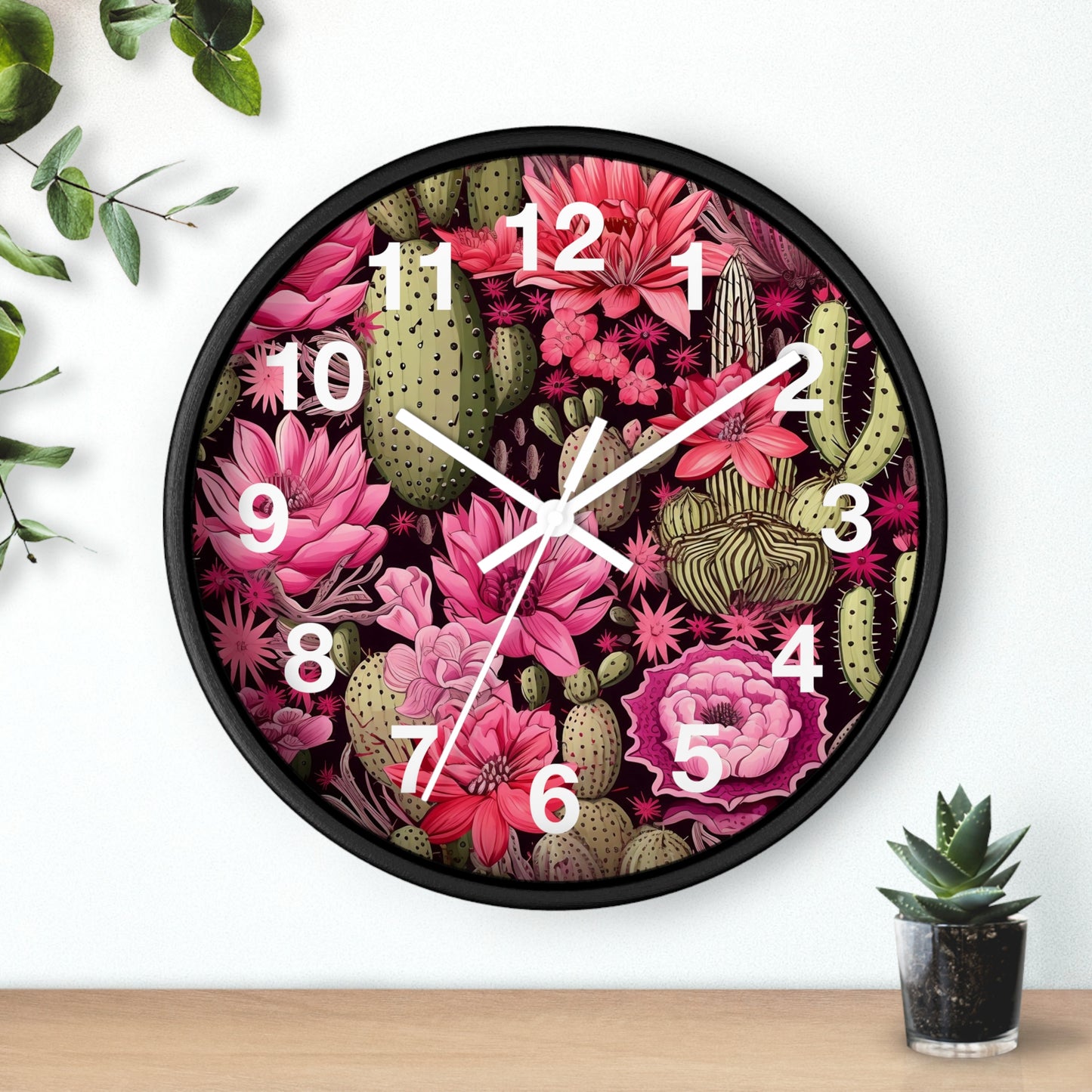 Beautiful Desert Cactus with Pink Flowers Wall Clock | Battery Operated | Watercolor Boho Style Decor | Perfect Gift Cactus Lovers Aesthetic