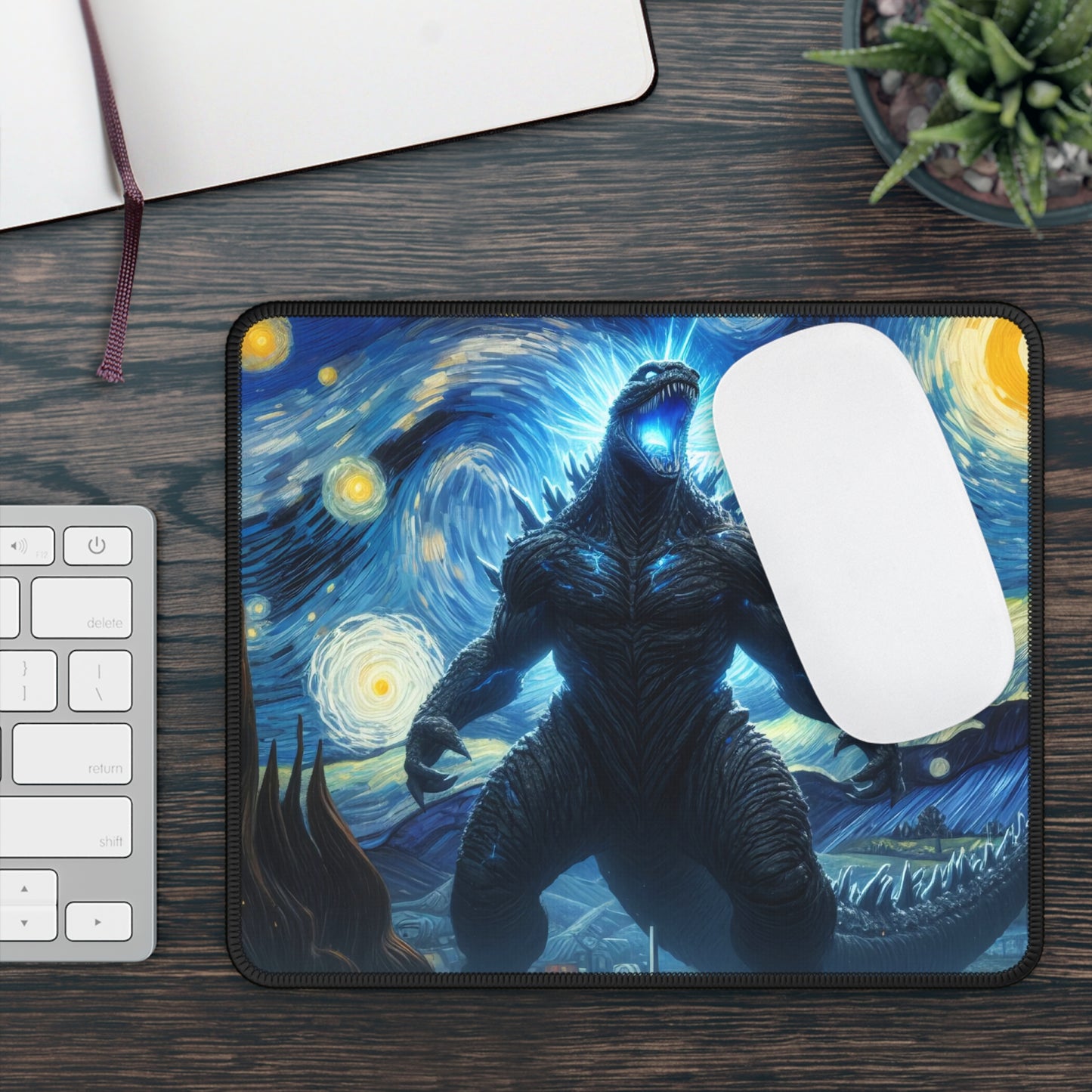 Giant Dinosaur Lizard Night Sky Non-Slip Mouse Pad | Kaiju-Inspired Starry Night Art | Epic Anime-Style Monster Mat for Dinosaur Kaiju Fans