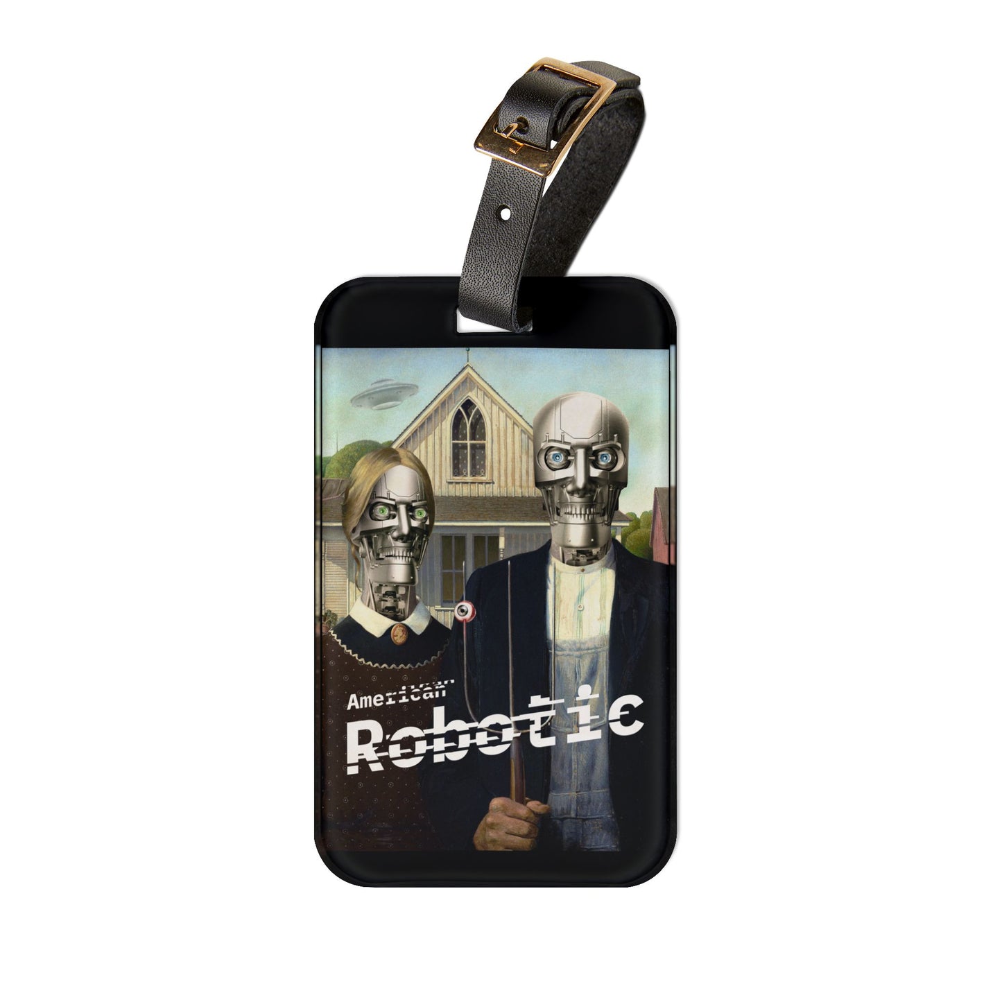 American Robotic Luggage Tag | American Gothic-Inspired Baggage ID | Tech-Advanced Robot Farmer Travel Accessory | Gift for Robot Lovers