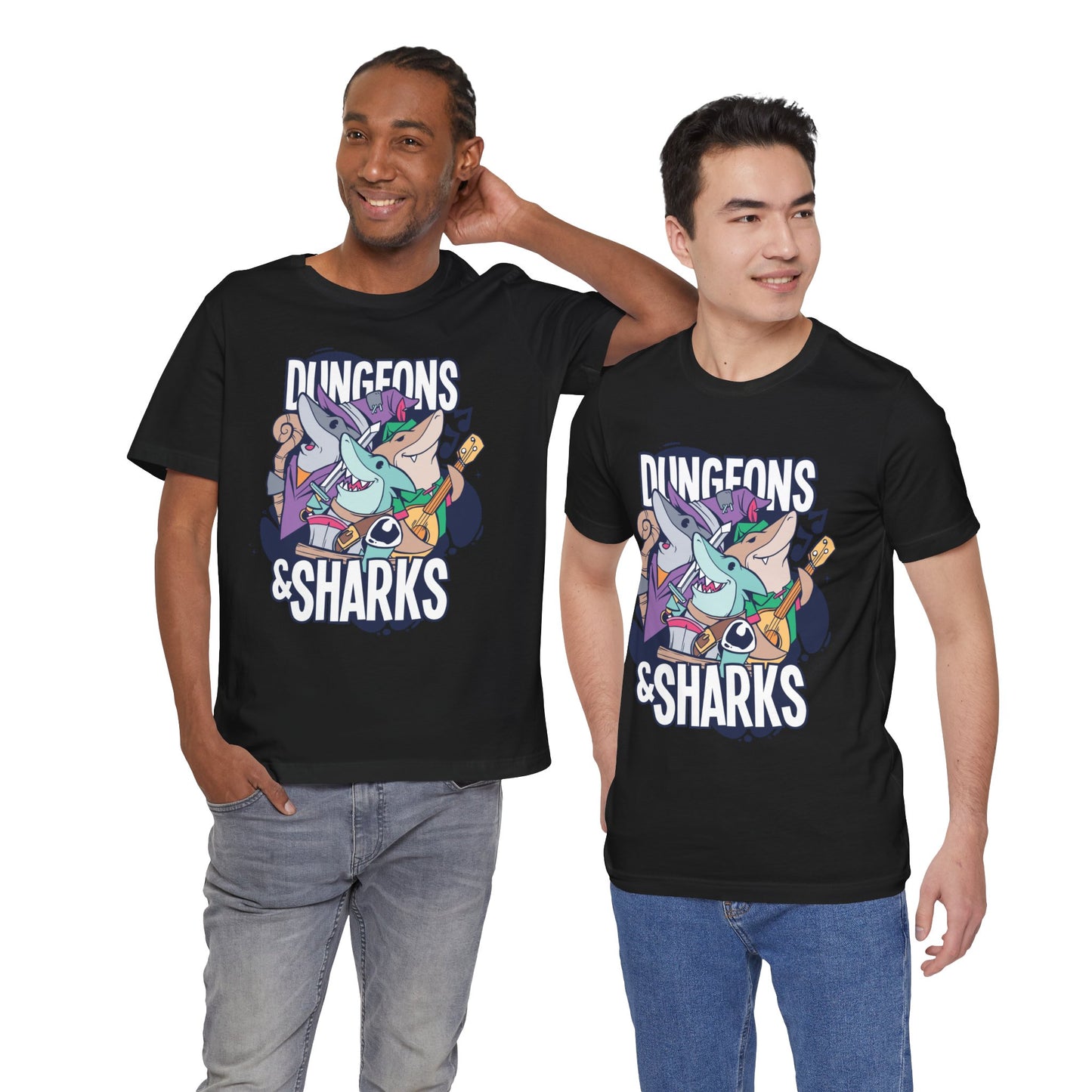 Dungeons and Sharks Shirt | D&D Parody Game Tee for Shark Lovers | Roleplaying Fantasy Game | Fun Nerdy Gift Ideas Funny Shark Shirt RPG Tee