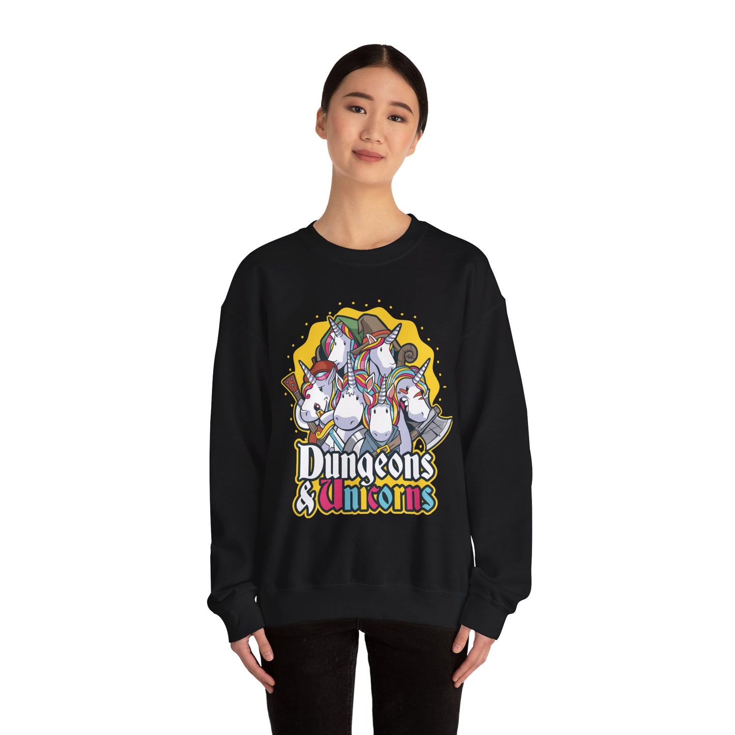 Dungeons and Unicorns Funny D&D Parody Sweatshirt | Nerdy Fantasy Game Sweater Unicorn Lovers | Unique Winter Gift Cozy Fun Sweatshirt Gamer