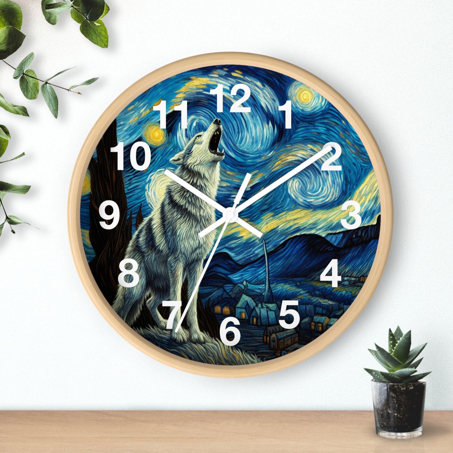 Lone Wolf Night Sky Wall Clock | Battery Operated | Starry Night-Inspired Art | Perfect Gift for Wolf and Nature Lovers Wall Decor Wolf Gift