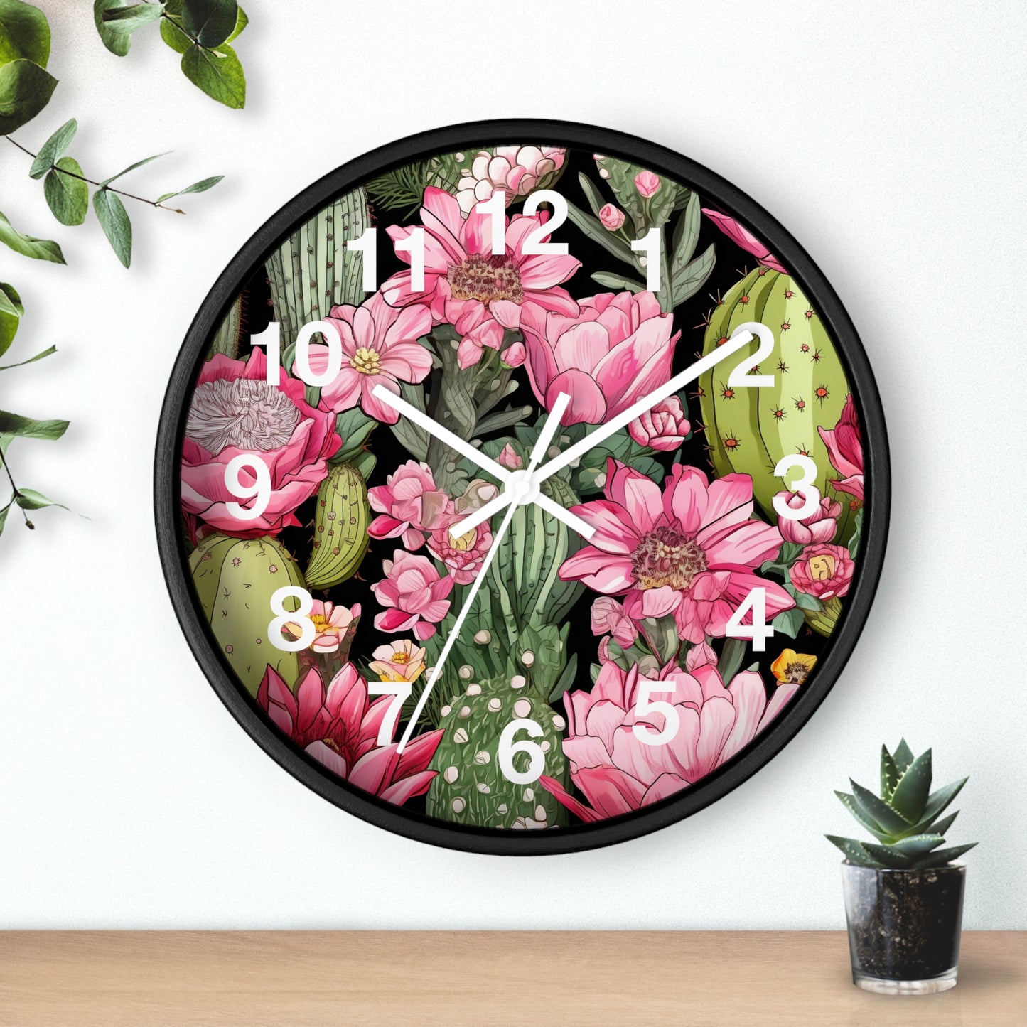 Vibrant Desert Cactus with Pink Flowers Wall Clock Battery Operated Watercolor Style Boho Decor Great Gift Cactus Lovers Nature Enthusiasts