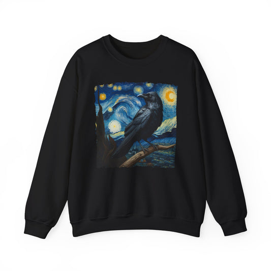 Black Raven Night Sky Crewneck Sweater | Starry Night-Inspired Art Pullover | Mystical Gothic Bird Lover Sweatshirt Witchcraft Enthusiasts