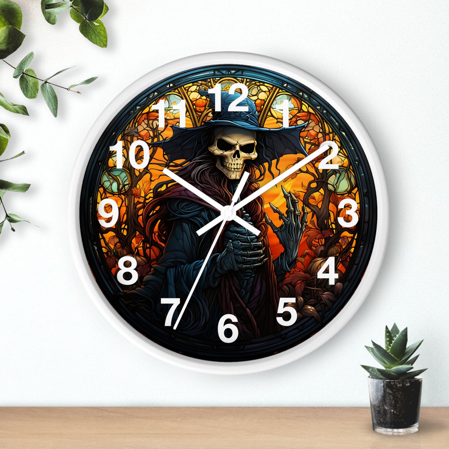 Scary Stained Glass Skeleton Witch Wall Clock | Witch Halloween Decor | Battery Operated | Unique Spooky Accent | Perfect Gothic Gift