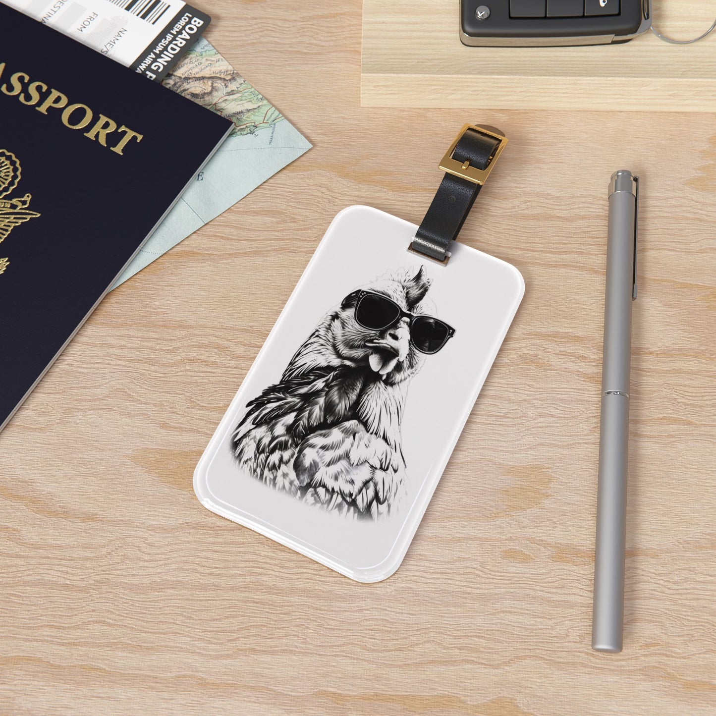 Classic Chicken with Sunglasses Luggage Tag - Black and White Drawn Style - Perfect Travel Accessory for Chicken Lovers & Funny Gift