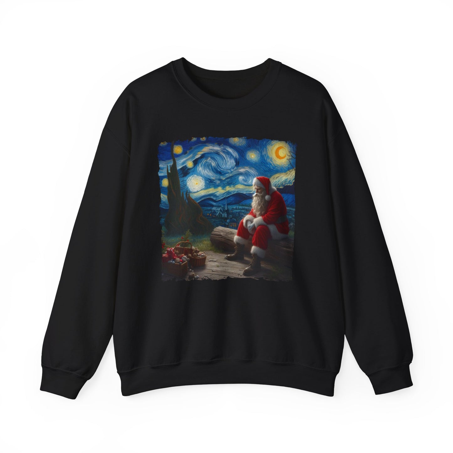 Santa Claus Night Sky Crewneck Sweater | Starry Night-Inspired Holiday Art Pullover Festive Santa Lover Magical Christmas Season Sweatshirt