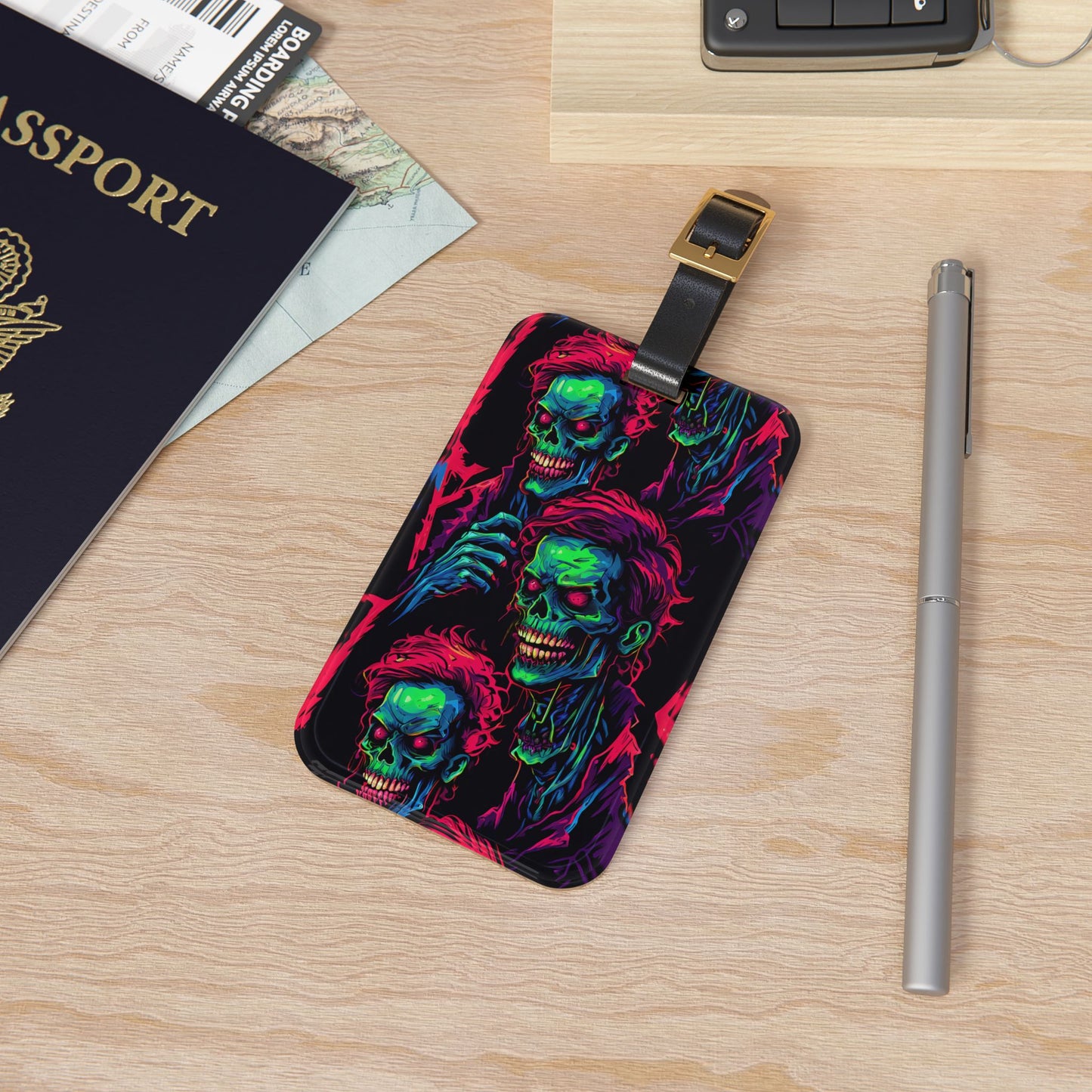 Neon Zombie Attack Luggage Tag - Trippy Zombie Baggage ID for Zombie Lovers - Perfect Gift for Eerie Adventures Zombie GIft