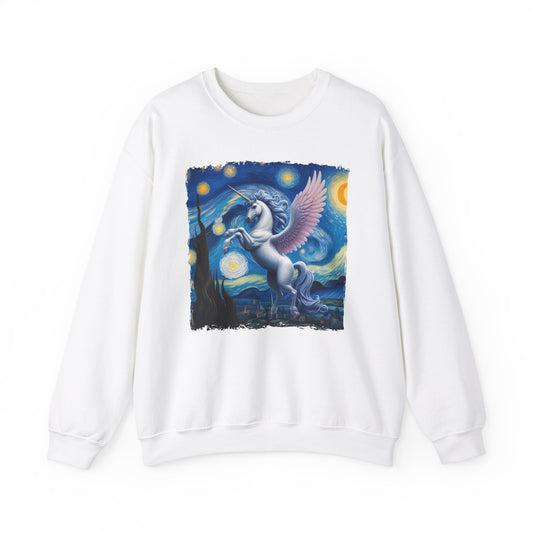 Magical White Unicorn Night Sky Crewneck Sweater Starry Night-Inspired Fantasy Art Pullover Sweatshirt Enchanted Unicorn Gift Fantasy Lovers