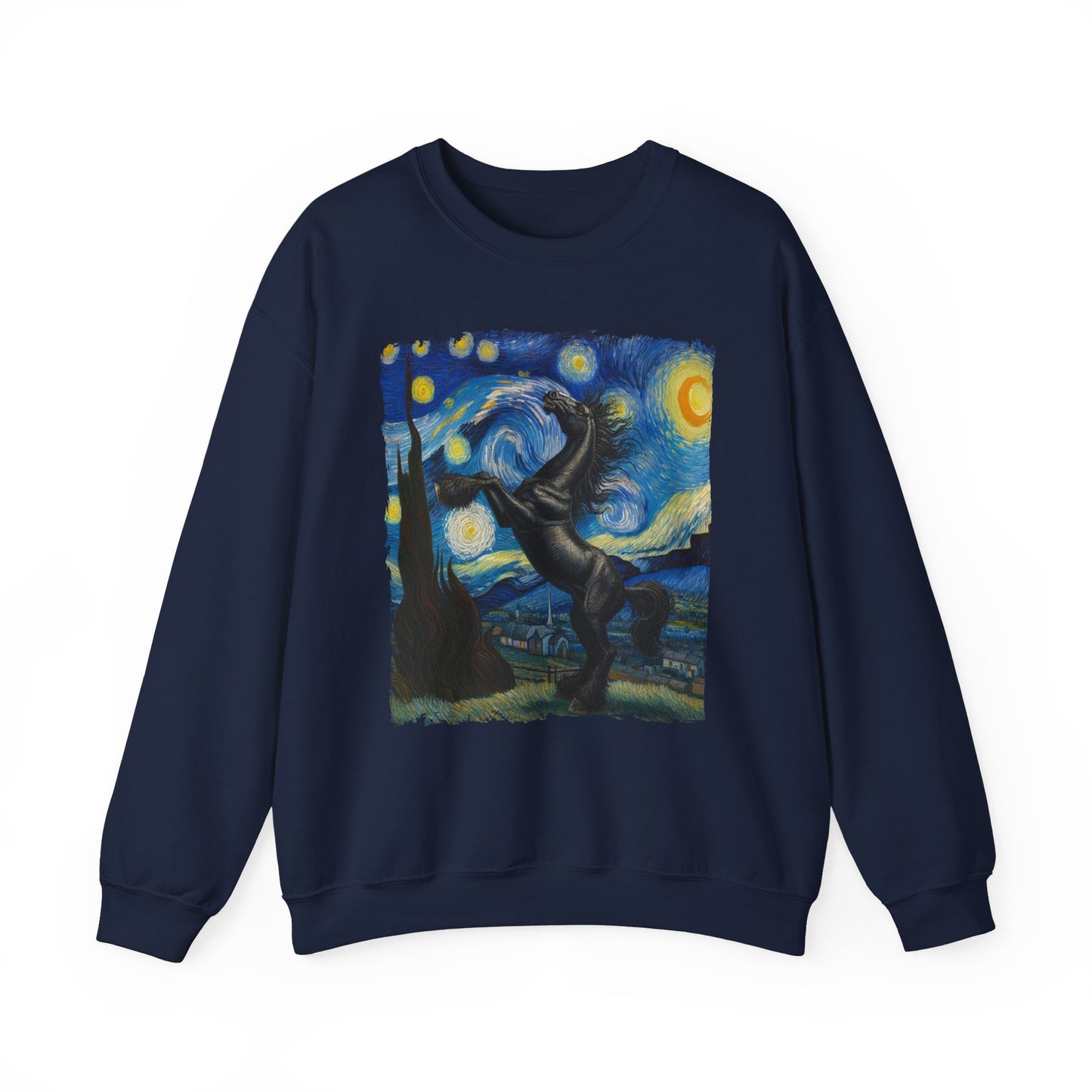 Majestic Black Horse Night Sky Crewneck Sweater | Starry Night-Inspired Equine Art | Perfect Gift Horse Lover Sweatshirt Horse Humor Apparel
