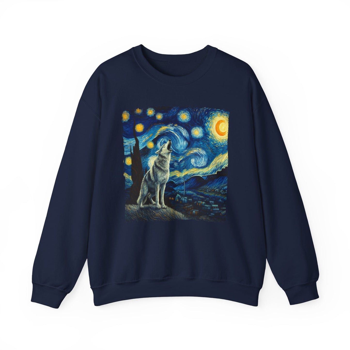 Lone Wolf Night Sky Crewneck Sweater | Mystical Wolf Pullover with Starry Night-Inspired Art Nature Wilderness Lover Gift Cool Wolf Sweater