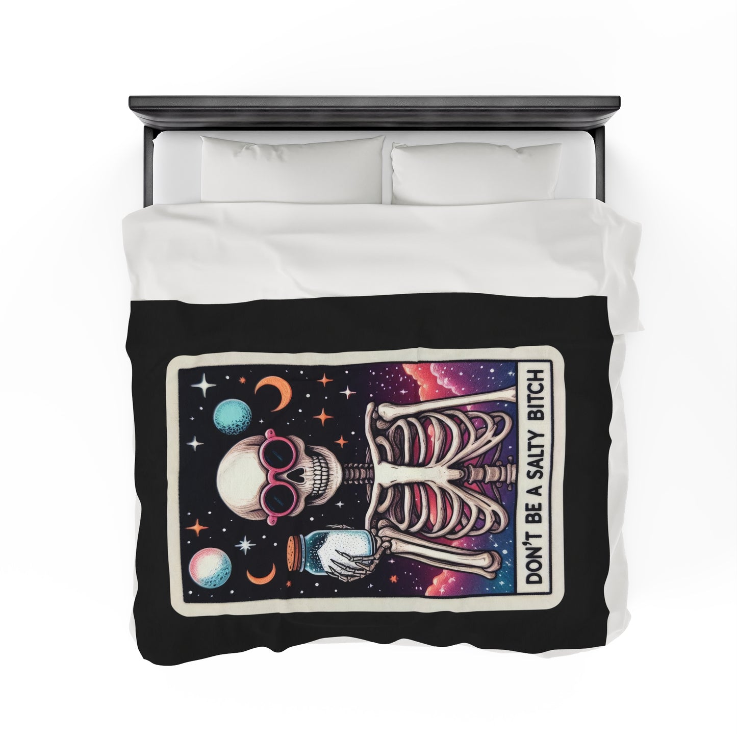 Don't Be a Salty B Tarot Card Velveteen Plush Throw Blanket | Sarcastic Joke Gift Tarot-Inspired Skeleton Cozy Blanket Funny Attitude Decor