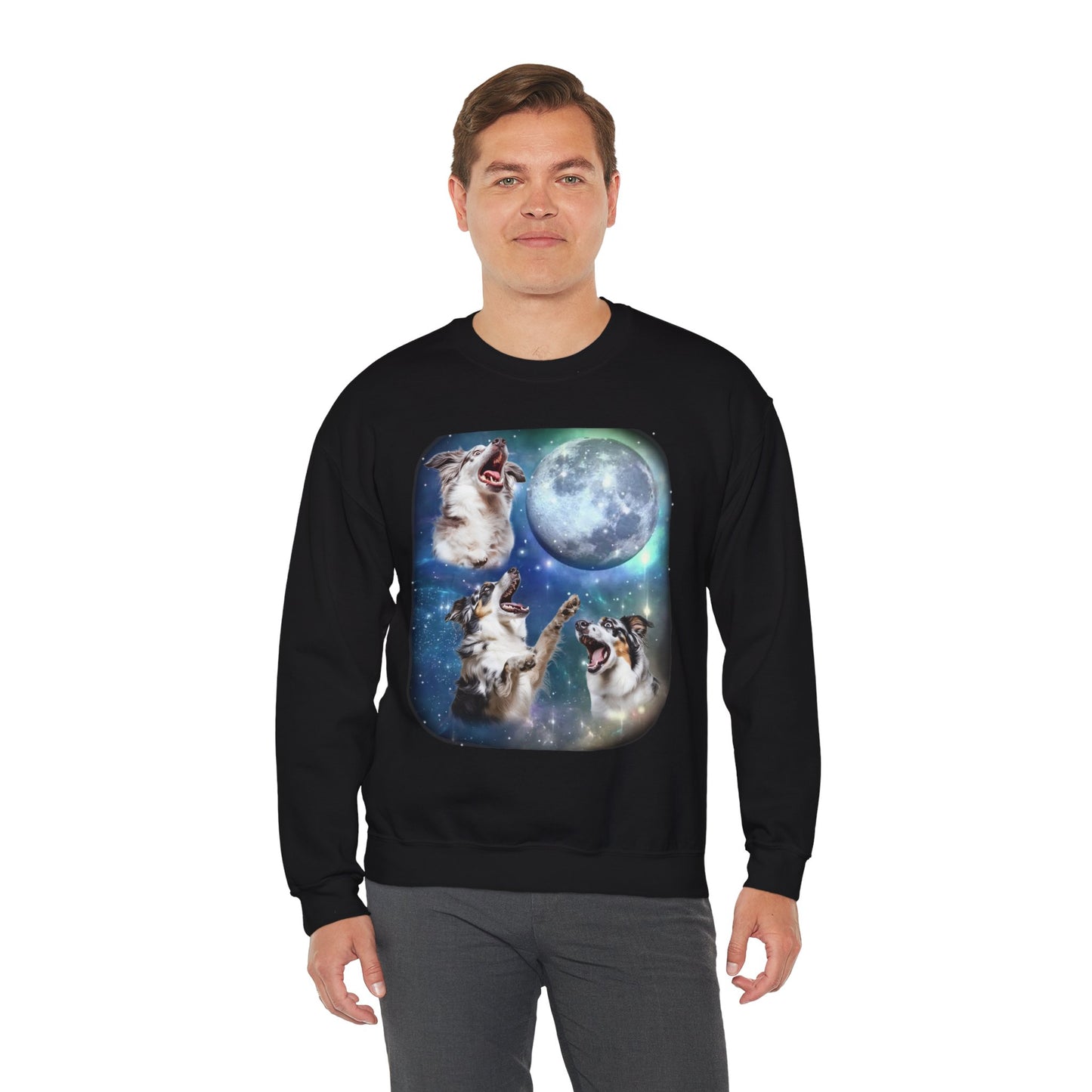 Australian Shepherd Howling at Moon Sweatshirt | Vintage Dog Lover Pullover Sweater Funny Aussie Dog Apparel Gift Pet Lovers Aussie Shepherd