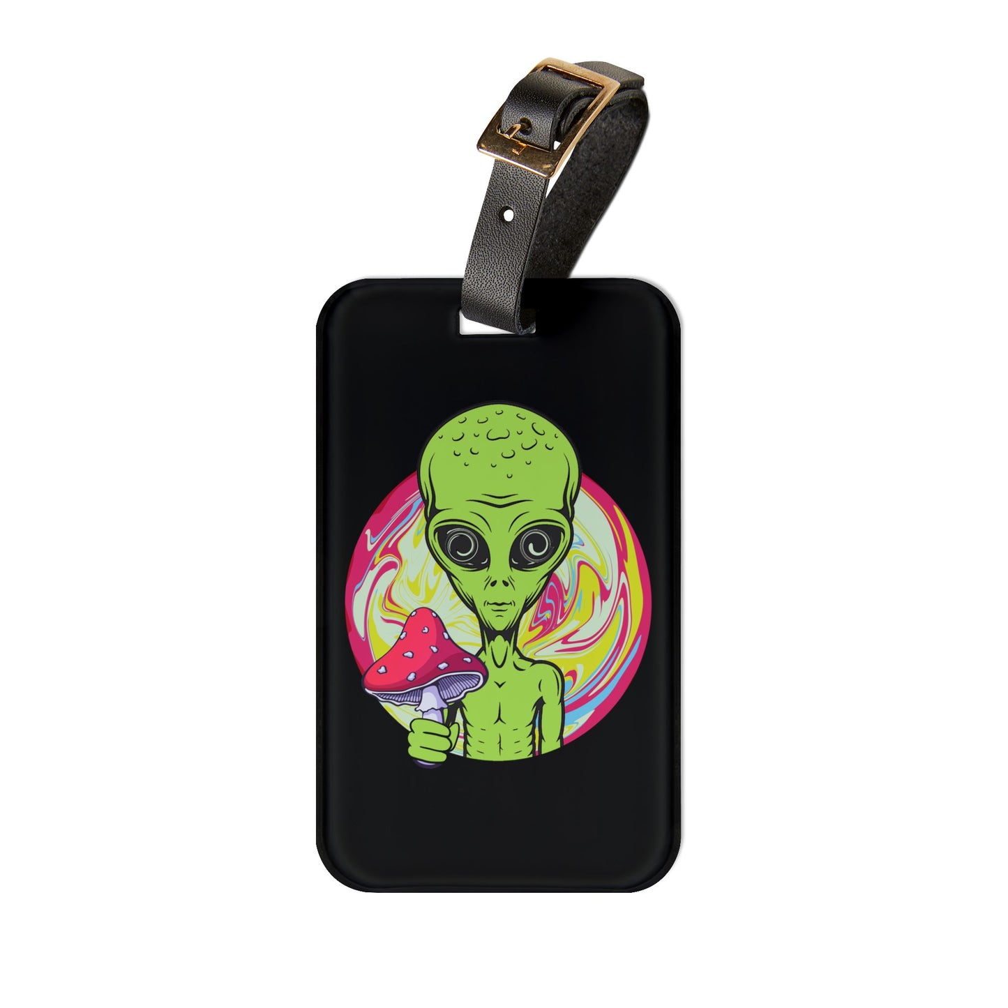 Alien Holding Mushroom Luggage Tag Trippy Psychedelic Baggage ID Rave Festival Travel Accessory Alien Mushroom Lovers Vibrant Festival Gift
