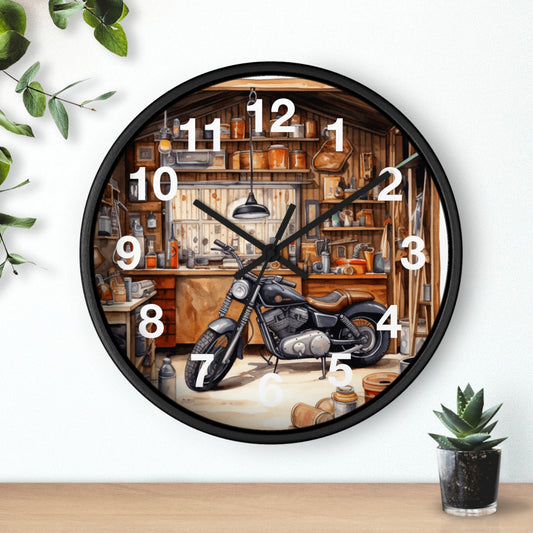 Vintage Biker in Garage Wall Clock | Retro Motorcycle Art | Unique Biker Decor | Man Cave Clock | Vintage Motorcycle Gift Battery Operated