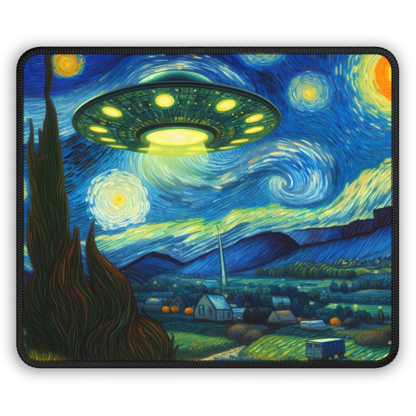 Alien UFO Night Sky Non-Slip Mouse Pad | Starry Night-Inspired Outer Space Art | Cosmic Sci-Fi Gift UFO Believers Alien Spaceship Desk Mat