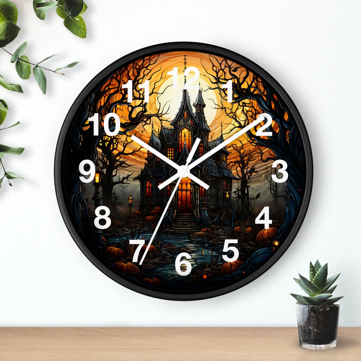 Dark Creepy Stained Glass House Wall Clock | Witch Halloween Decor | Battery Operated | Unique Dark Aesthetic Accent | Halloween Lovers Gift