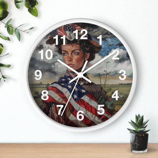 Vintage Female Patriot Wall Clock | Grunge Americana Rebel Woman Art | Battery Operated | Unique USA Pride Decor Perfect Gift Strong Women